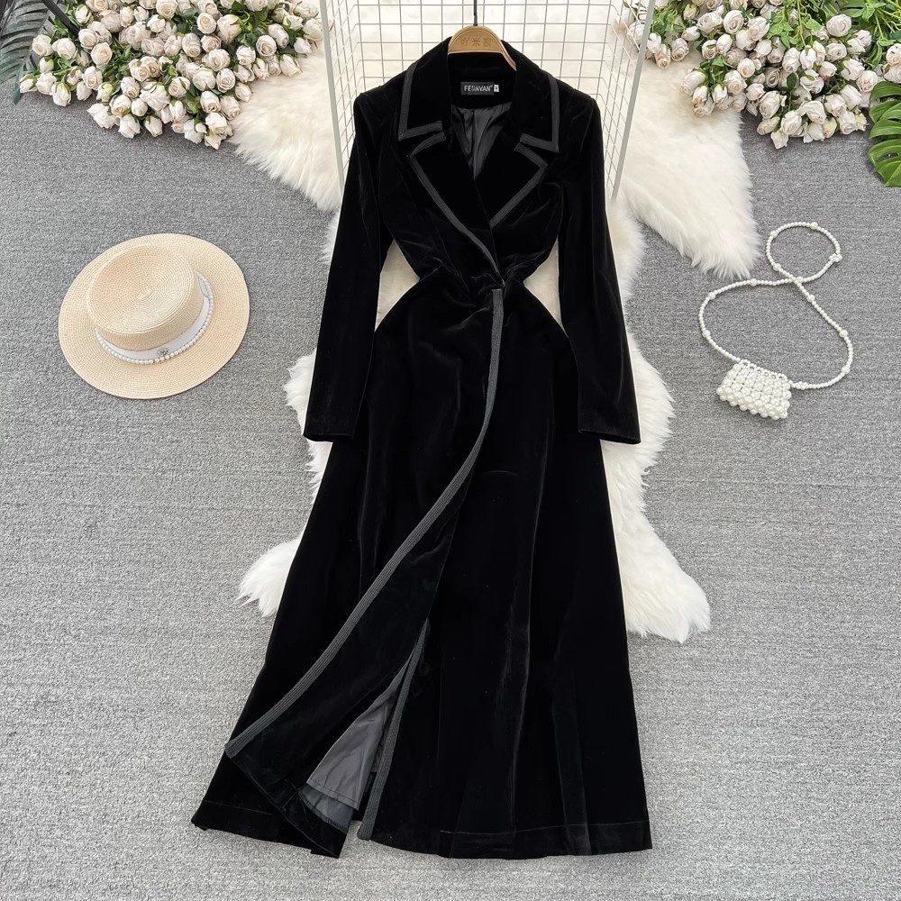 Women's Down Autumn And Winter Black Velvet Blazer Dress Long Over The Knee Fashion Temperament Maxi Windbreaker Jacket Women Slim Coat