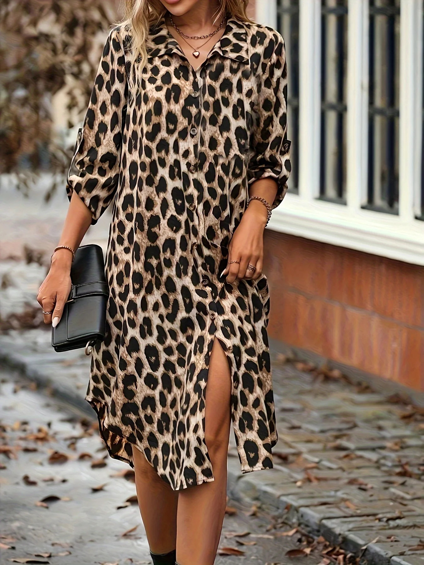 Elegant Womens Summer Leopard Shirt Dress Casual Loose Turn Down Collar Mid Calf Straight Long Dresses 250122