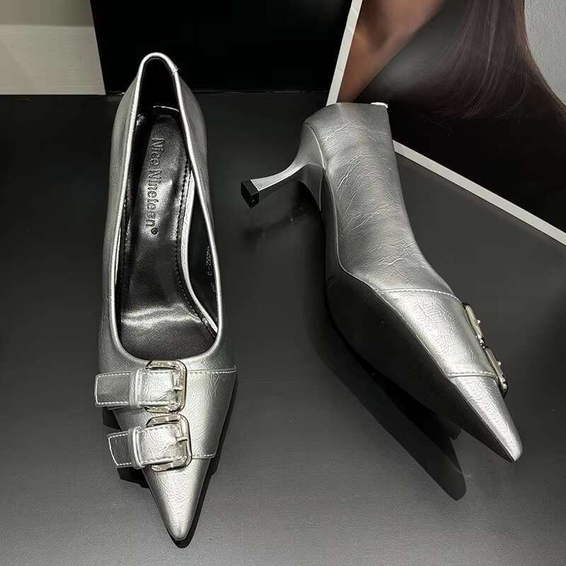 Female Slip On Footwear hot Women Pumps Slides Pointed Toe Designer Fashion Metal Buckle Ladies High Heels Shoes