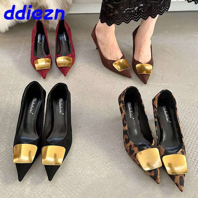 Fashion Metal Elegant Women Heeled Female Slip On Footwear Pointed Toe Shallow Ladies Thin Heels Pumps Shoes Slides