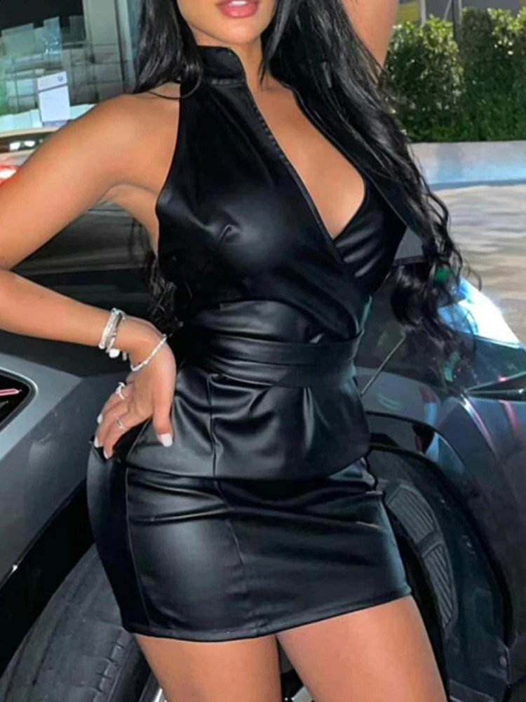 Sexy PU Leather V Neck Low-cut Girdling Waist Slim Bodycon Women Sleeveless Backless Skinny Evening Dress Club Party 250122