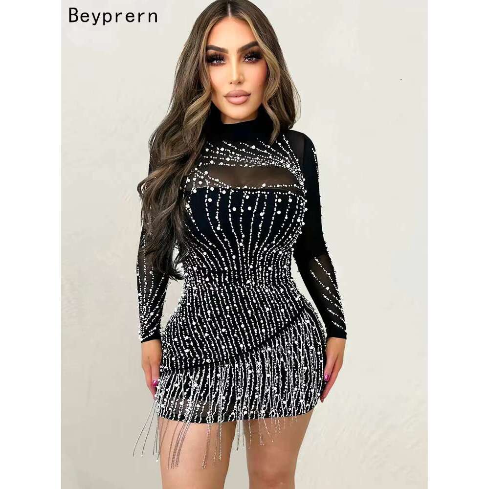 Beyprern Beautiful Crystal Embellished Fringed Mini Glam Womens Pearls Rhie Slim Short Party Dress Birthday Outfits R250205
