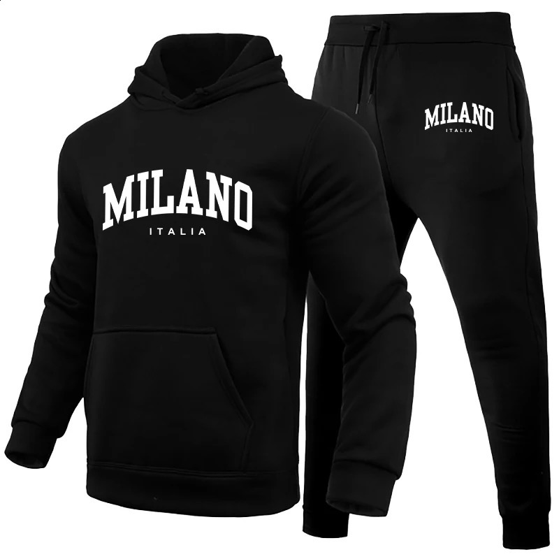 Mens Hoodie Set Milano Print Sweatshirt Sweatpant for Male Hooded Tops Jogging Trousers Suit Casual Streetwear Tracksuit 250117