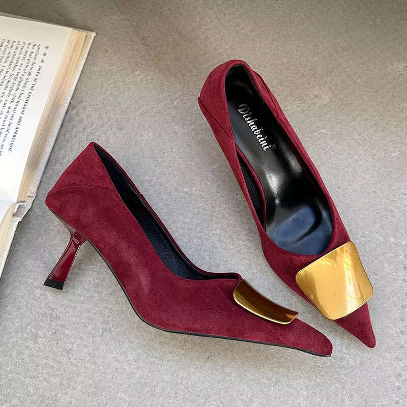 Fashion Metal Elegant Women Heeled Female Slip On Footwear Pointed Toe Shallow Ladies Thin Heels Pumps Shoes Slides