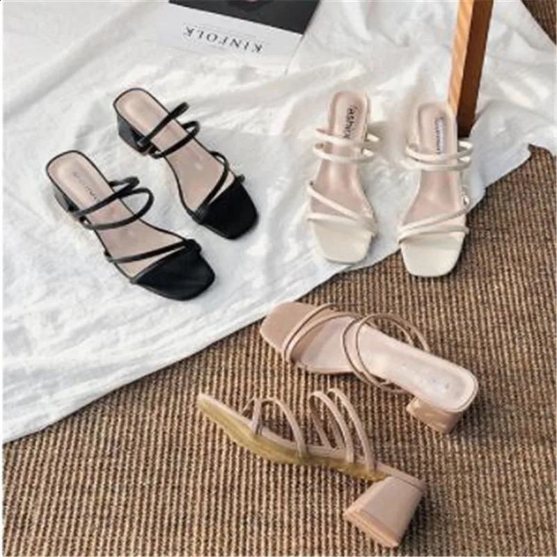 Women Sandals Ladies Square Heels Elegant Summer Slippers Outside Cross Tied Leather Female Slides Fashion Woman Sandals 250317