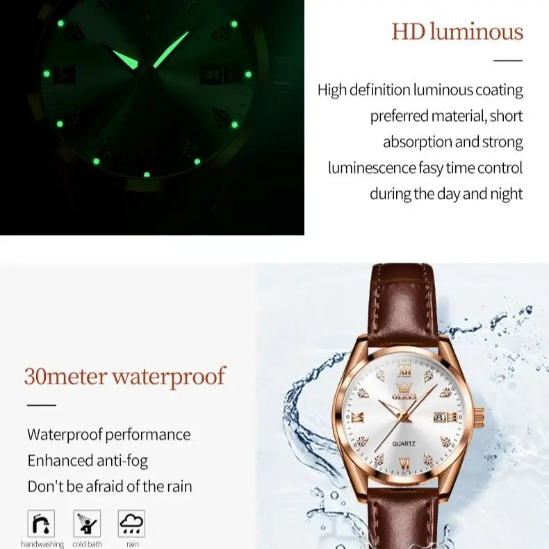 OLEVS Classics Leather Strap Quartz Watch for Women Fashion Elegant Diamond Ladies Watch Waterproof Date Womens Quartz Watch 250121