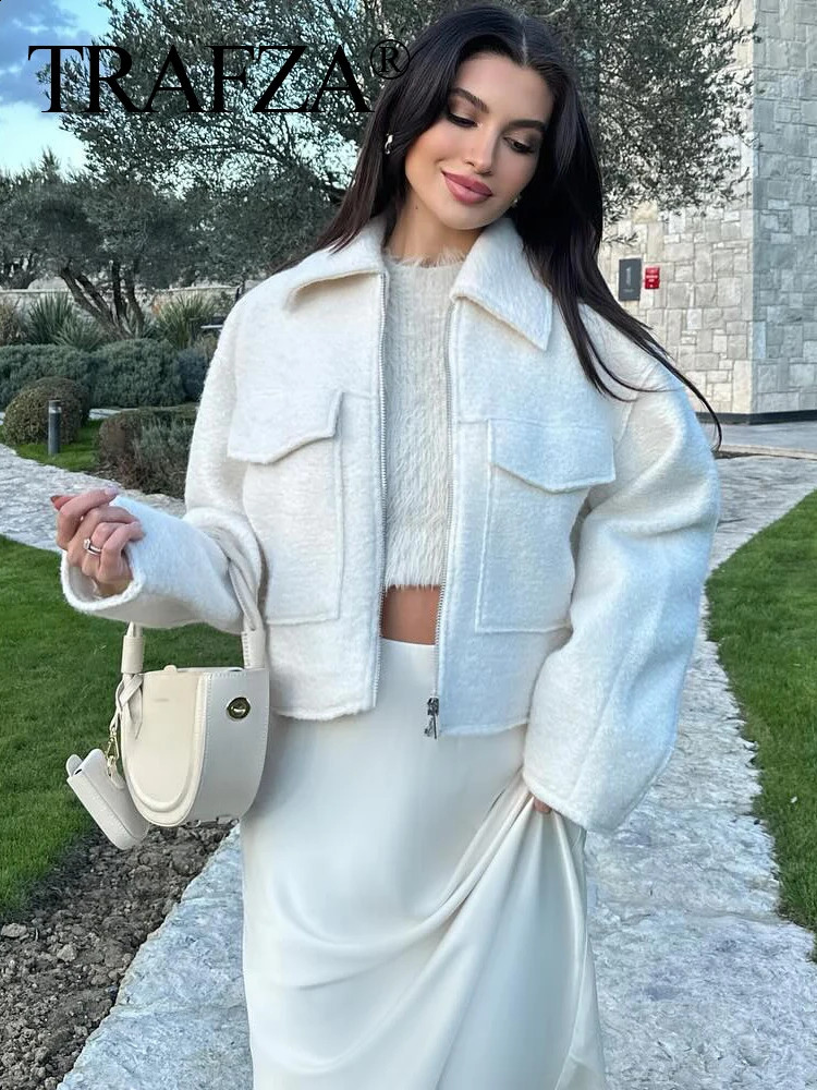 TRAFZA Vintage Women Solid Tweed Cropped Jacket With Pockets Long Sleeves Lapel Cardigan Coat Female Street Outerwear 250120wtt