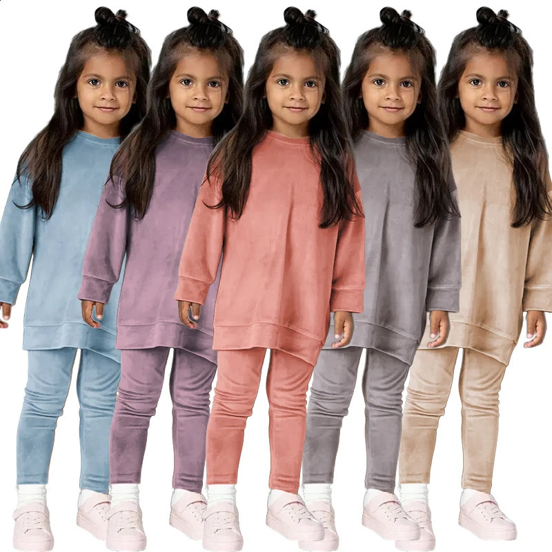 2025 Spring Kids Girl Velvet Suit Long Sleeve Pants Solid Clothes For Infant Toddler Boy Pullover Sweatshirt Set Teenage Outfits 250218