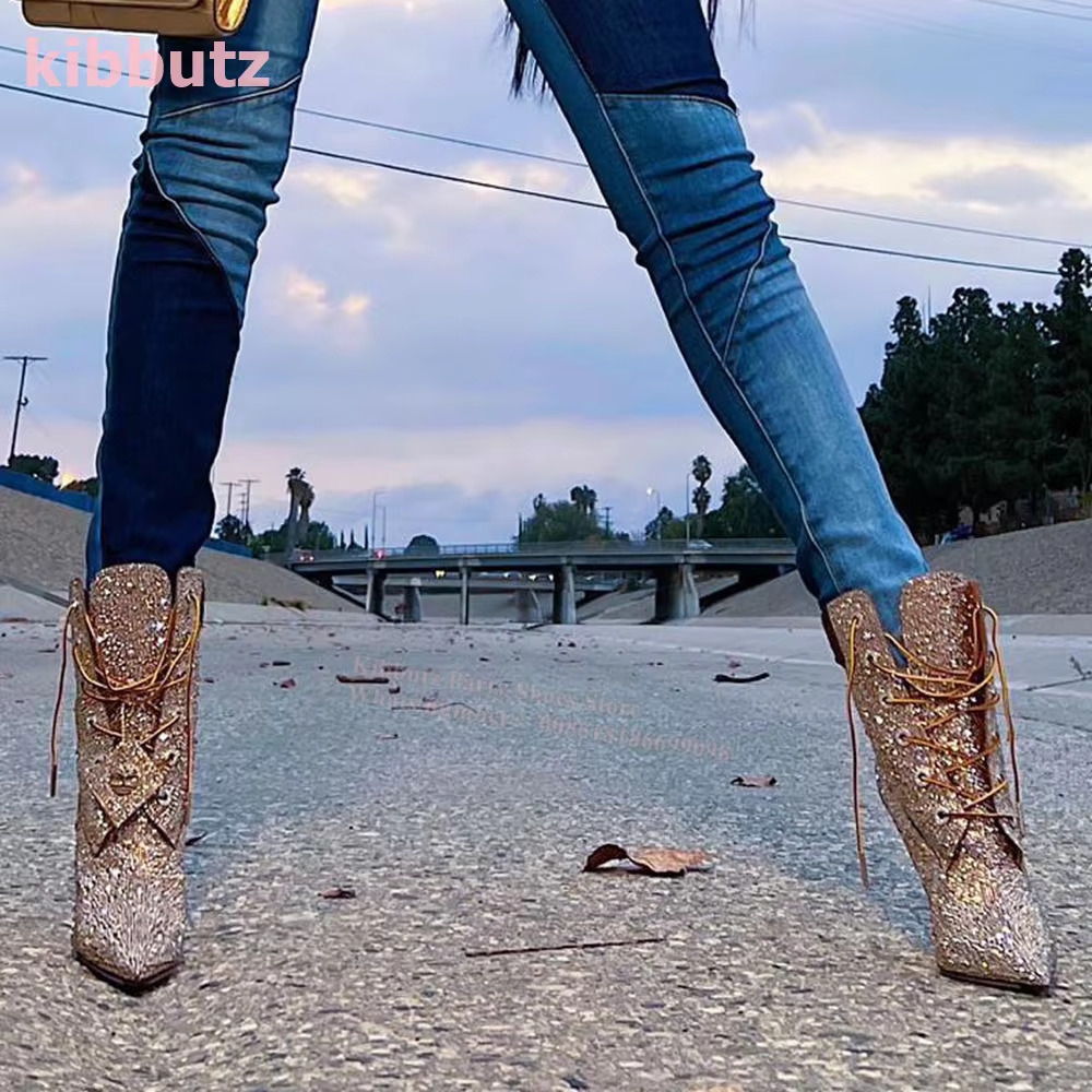 Crystal Ankle Boots Bordered Rhie Glossy Pointed Toe Thin Heel Strappy Lace-Up Sexy Fashion Women Shoes Newest