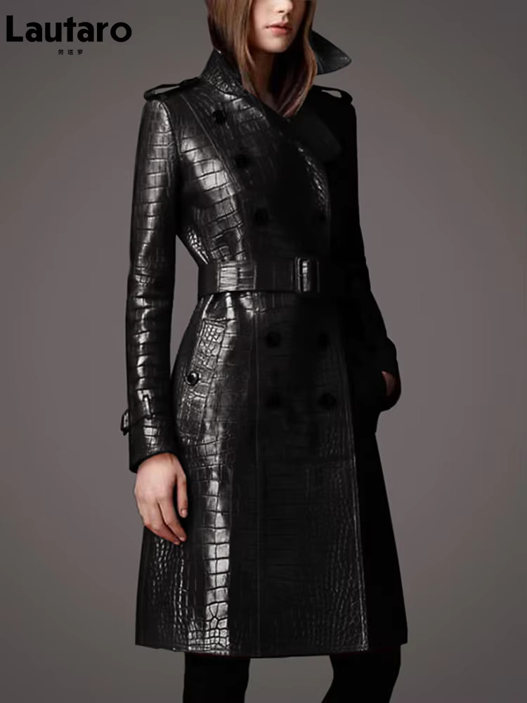 Lautaro Autumn Long Black Crocodile Pattern Pu Leather Trench Coat For Women Belt Double Breasted Stylish British Style Fashion