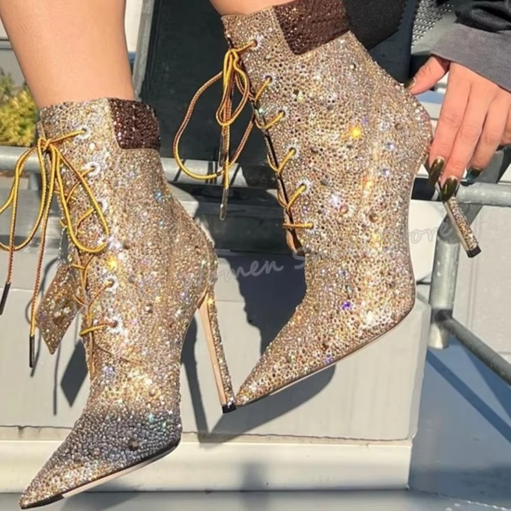 Crystal Ankle Boots Bordered Rhie Glossy Pointed Toe Thin Heel Strappy Lace-Up Sexy Fashion Women Shoes Newest