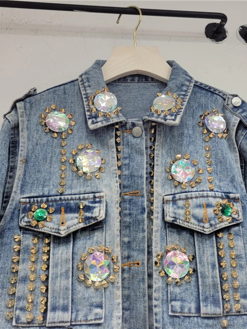 Heavy Handmade n Rhinestone Beaded Slimming All-Matching Short Denim Jacket Women Jean Jacket Trendy Fall Clothes 250121