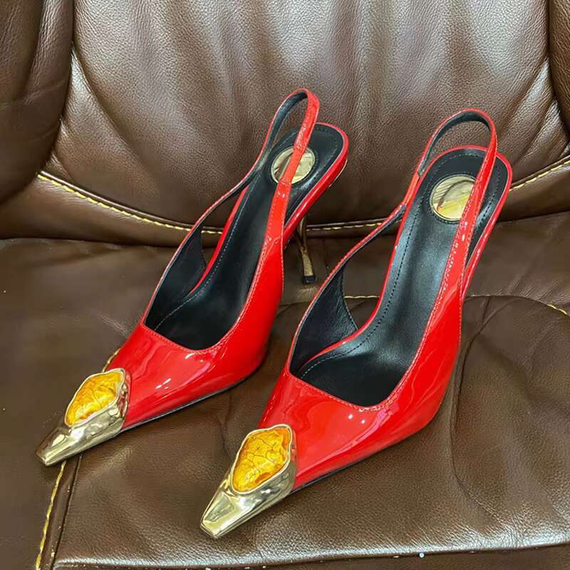 Liyke Runway Fashion Gem Metal Pointed Toe Patent Leather Women Pumps Red High Heels Wedding Party Shoe Sgback Sandal Size 42