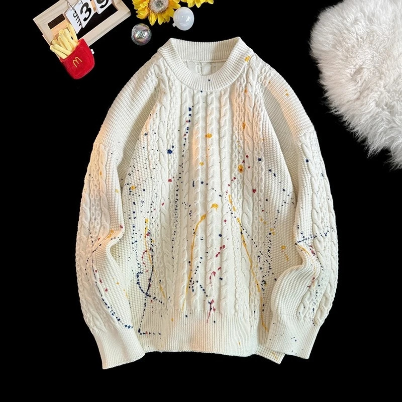 Korean Knitted Pullover Street Clothing Splashink Sweater Graffiti Twist Trend Loose Knit Top Men Women Clothes 250114Z