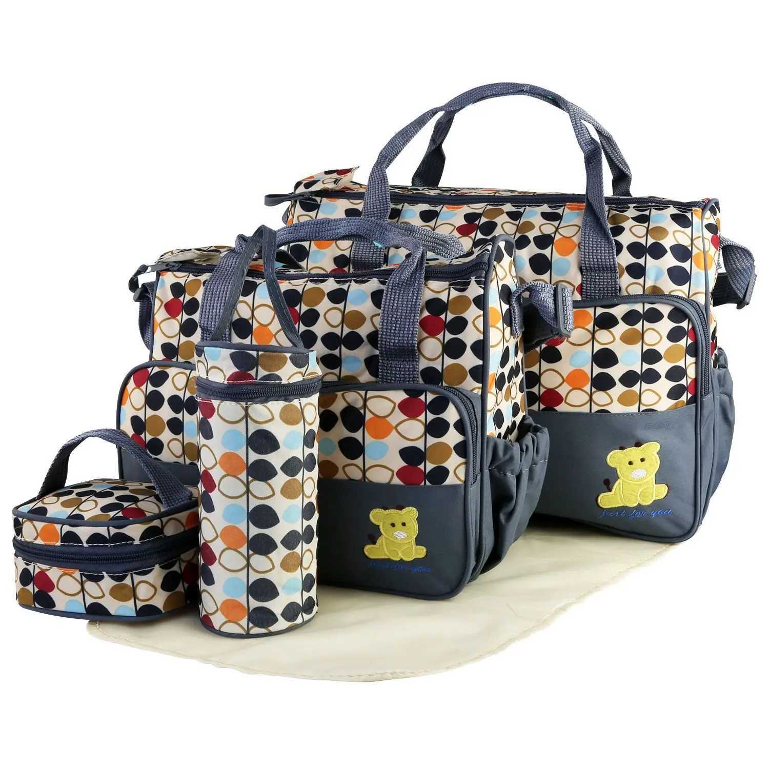 5PCS Baby Nappy Diaper Bags Set Mummy Diaper Shoulder Bags w/ Nappy Changing Pad Insulated Pockets Travel Tote BagsC250326