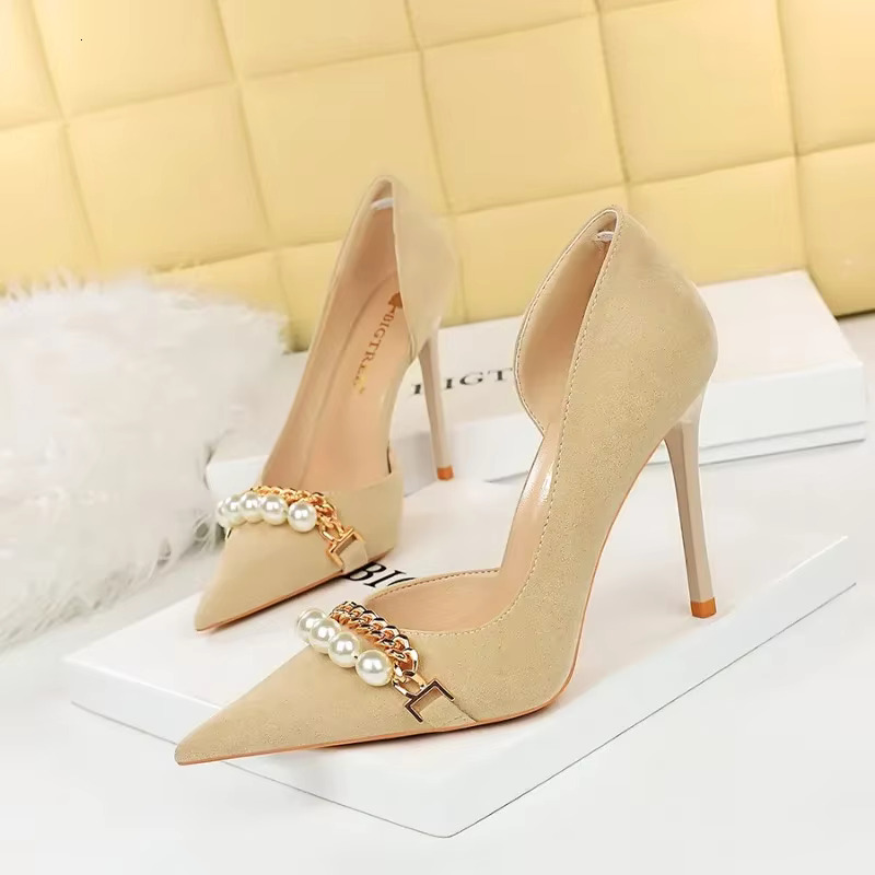 BIGTREE Shoes Elegant Heels ck 11cm Super High Autumn Pearl Metal Chain Pointed Toe Side Hollow Women Pumps
