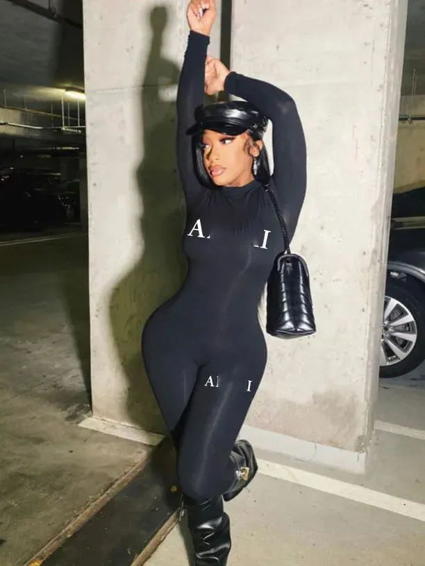 Black Letter Print Yoga Jumpsuit - Casual Tight-Fitting Fitness Wear for Women