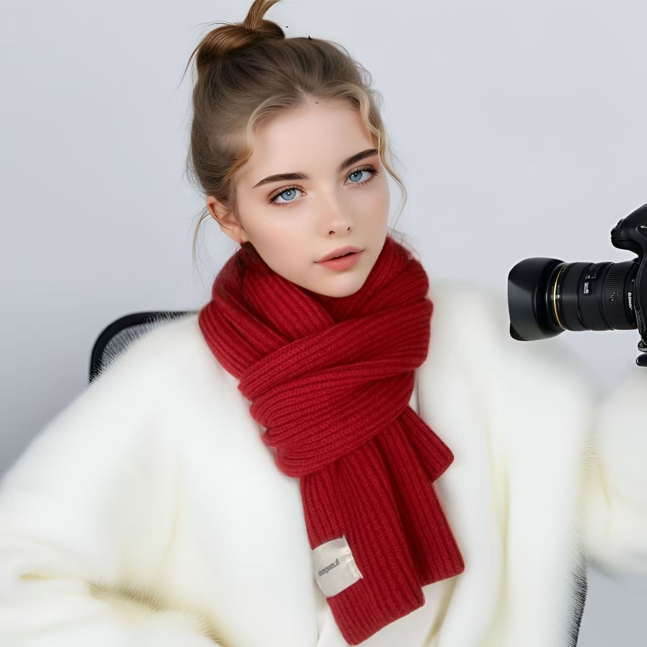 T124 Korean new white pure color knitted scarf winter women's soft atmosphere student wool warm neck scarf
