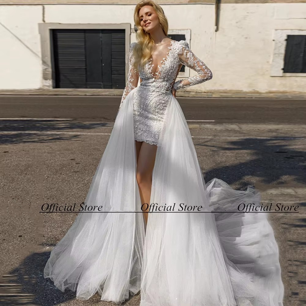 Illusion Lace Sheath Dresses With Detachable Train Sheer Crew Neck Arabic Short Beach Bohemian Tulle Long Sleeves Wedding Gowns