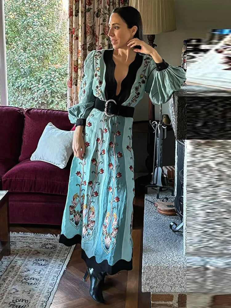 2025 In Patchwork Print Maxi Dress For Women Elegant Long Lantern Sleeve Chic Floral Long Dress Female Beach Party Vestidos 250122