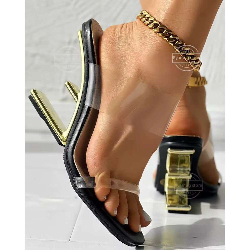 Women Double Clear Strap Square Strange Heel Sandals PVC Transparent High Heels Slippers Open Toe Party Shoes