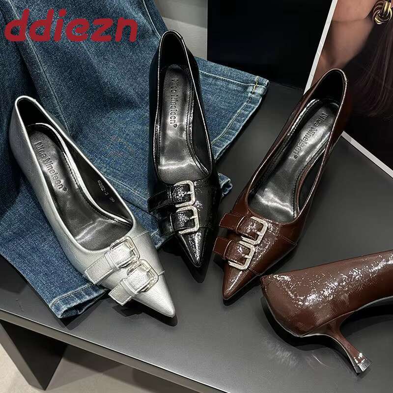Female Slip On Footwear hot Women Pumps Slides Pointed Toe Designer Fashion Metal Buckle Ladies High Heels Shoes