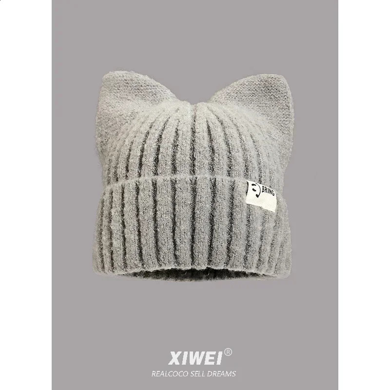 Japanese Y2k cute cat eared bear suitable for warm ear protection in autumn and winter for women sweet Versatile Pullover knitted hat 250109