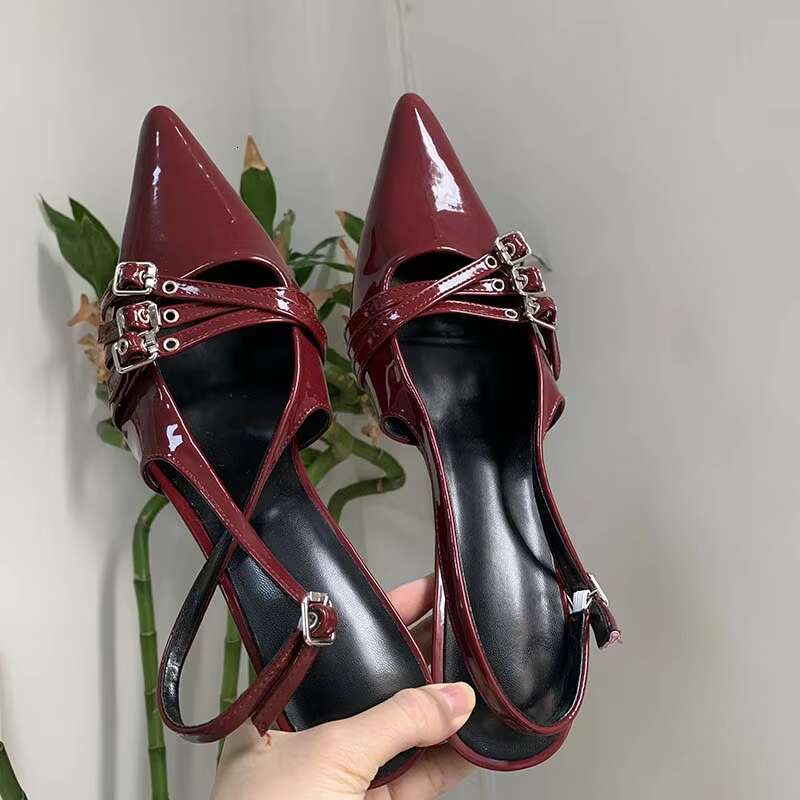 Ladies High Slides For Sandals Fashion Wine Red Women Thin Heels Shoes Buckle Strap Shallow Female Pumps Footwear