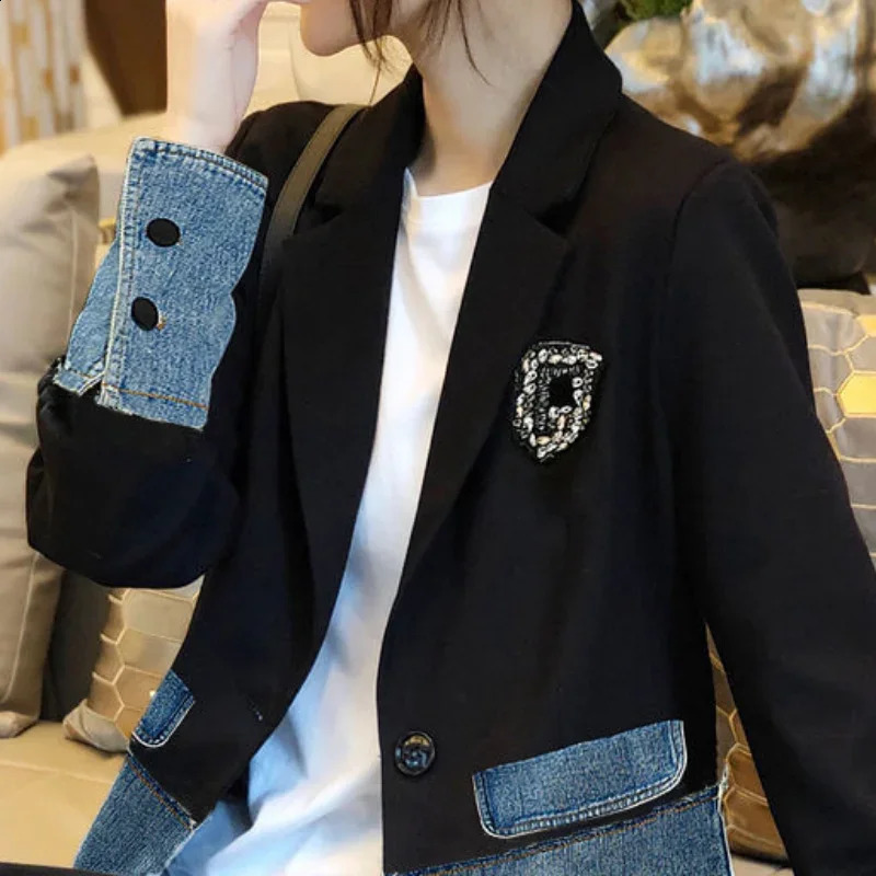 Graphic Female Jeans Coat with Print Sequin Black Patchwork Diamonds Outerwears Long Trench Womens Denim Jackets Spring Autumn 250122