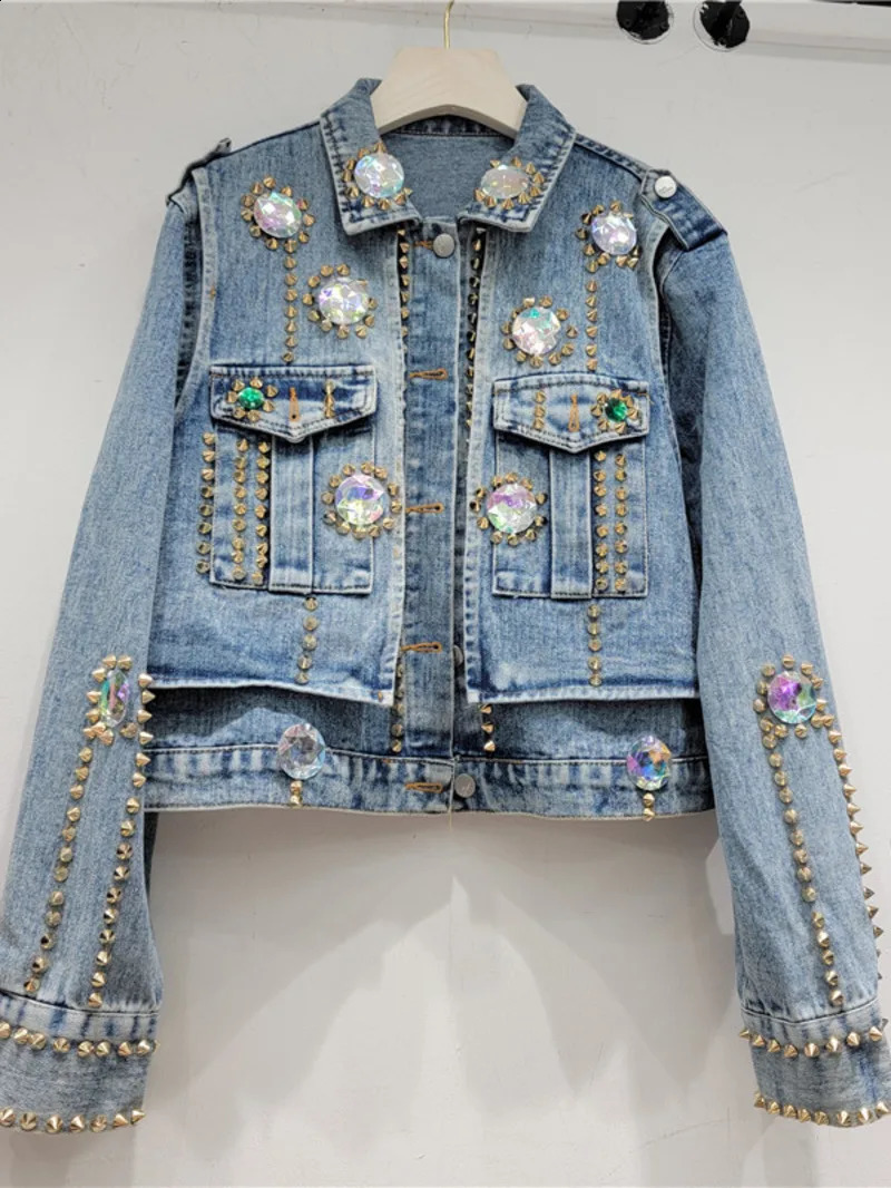 Heavy Handmade n Rhinestone Beaded Slimming All-Matching Short Denim Jacket Women Jean Jacket Trendy Fall Clothes 250121
