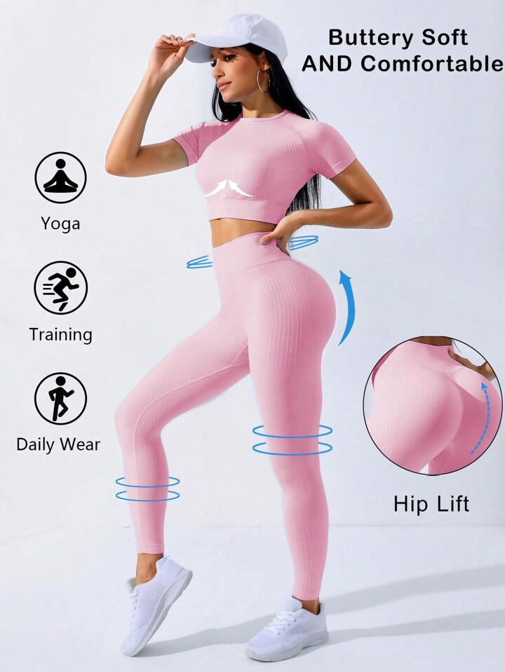 High quality fashionable thread seamless casual yoga set for Western women short sleeved peach hip pants fitness suit training and sports set