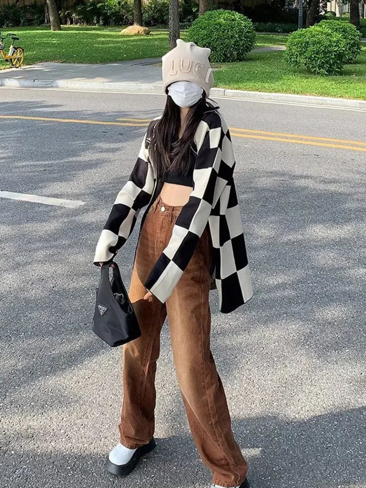 Feynzz European And American Retro Brown Jeans Spring Autumn Highwaisted Straightleg Loose Thin Wideleg Pants 250109Z