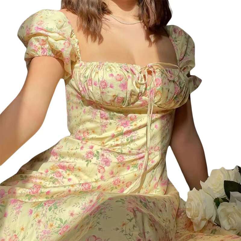 Summer For Women 2024 New Boho Rope Fashion ral Printed Lace Up Chest Female Clothing Elegant Short Sleeve Party Dress R250205