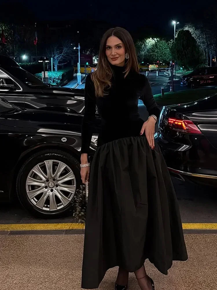 Elegant Women Black Velvet Long Sleeve Pleated Hem Robes Fashion Half High Collar Slim Fit Maxi Dress 2025 Lady Chic Party Gowns 250122