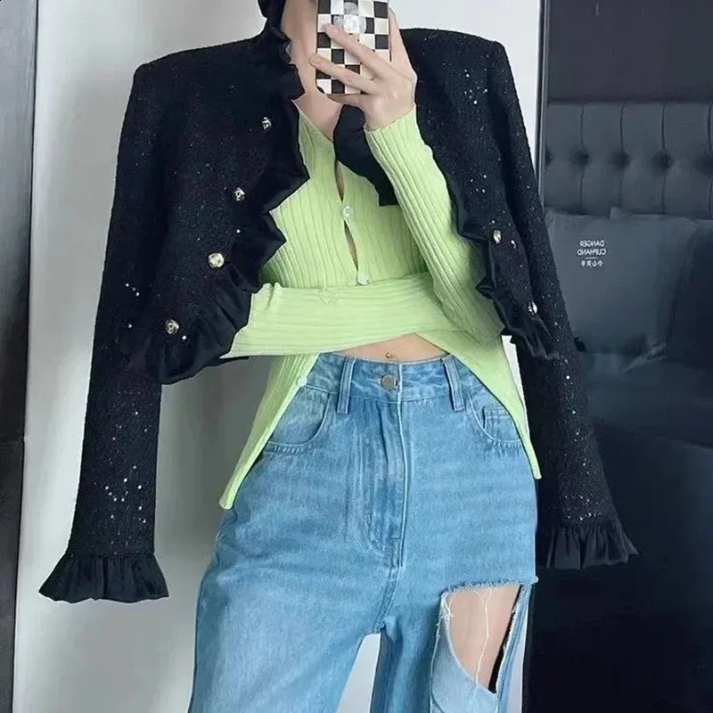 Ruffles Tweed Short Jackets n Coats Women Korean Double Breasted Chaquetas Cropped Tops Casual Slim Elegant Casacas 250120