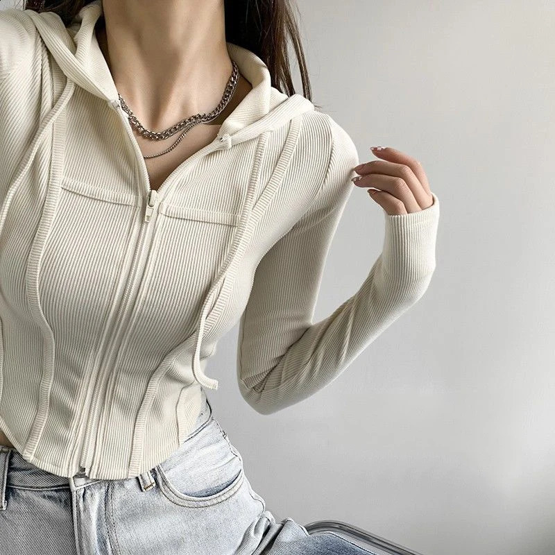 Fashion Slim Short Zipup Sweatshirt Sexy Solid Color Crop Tops Hooded Cardigans Korean Streetwear Hoodies Female 250110