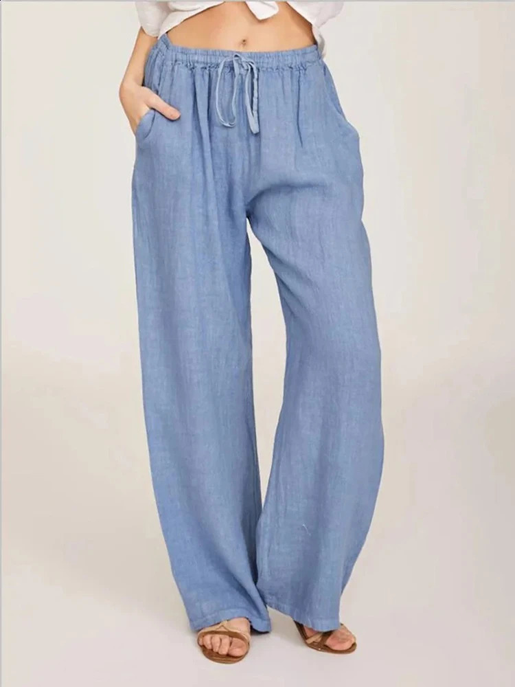 Women Cotton Linen Pants Summer and Autumn Solid High Waist Wide-Leg Trousers Female Loose Hemp Casual Breathable Sports Pants 250121