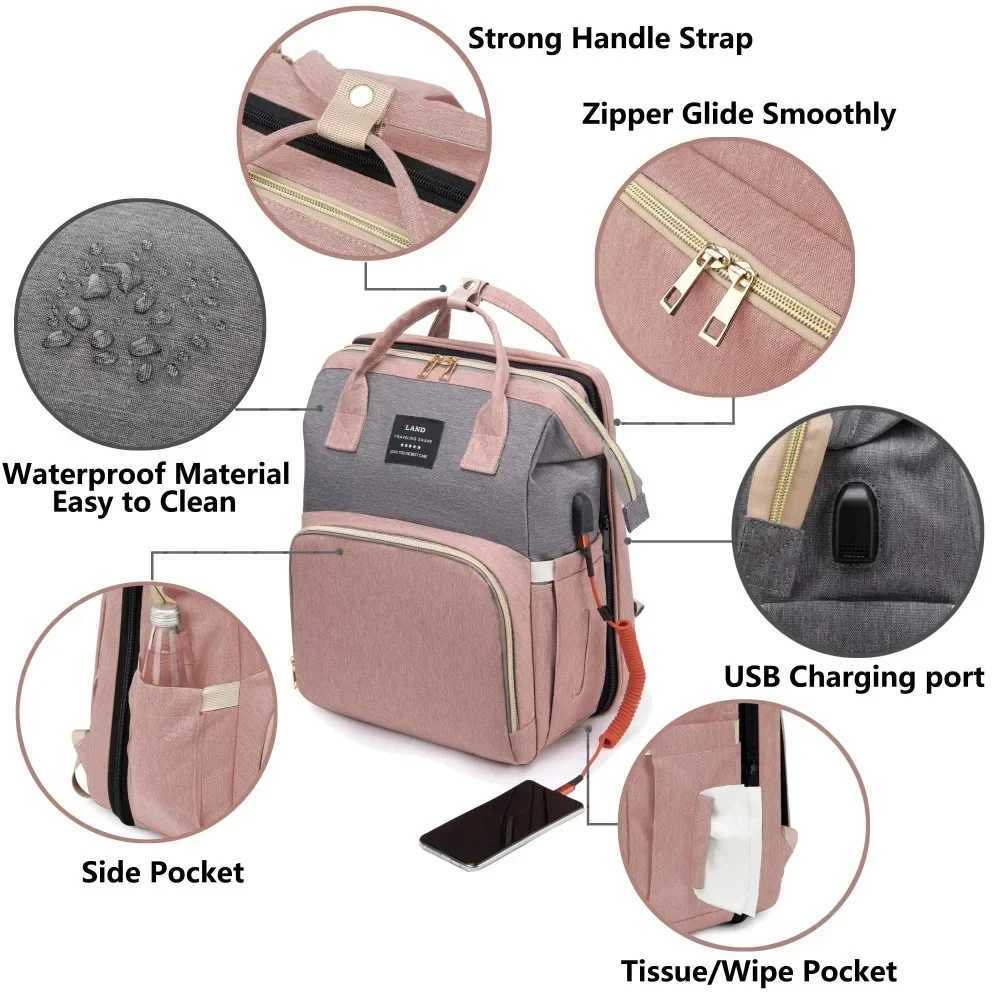 Foldable and Portable Mommy Backpack - with Crib Bed Straps Large Capacity Diaper Bag Maternity Bag for Baby New Baby EquipmentC250326