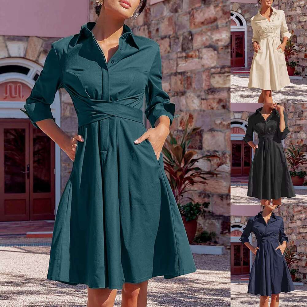Women Strappy Shirt Solid Color Lapel V Neck Large Hem Button Front Long Sleeve Commuting Dress R250205