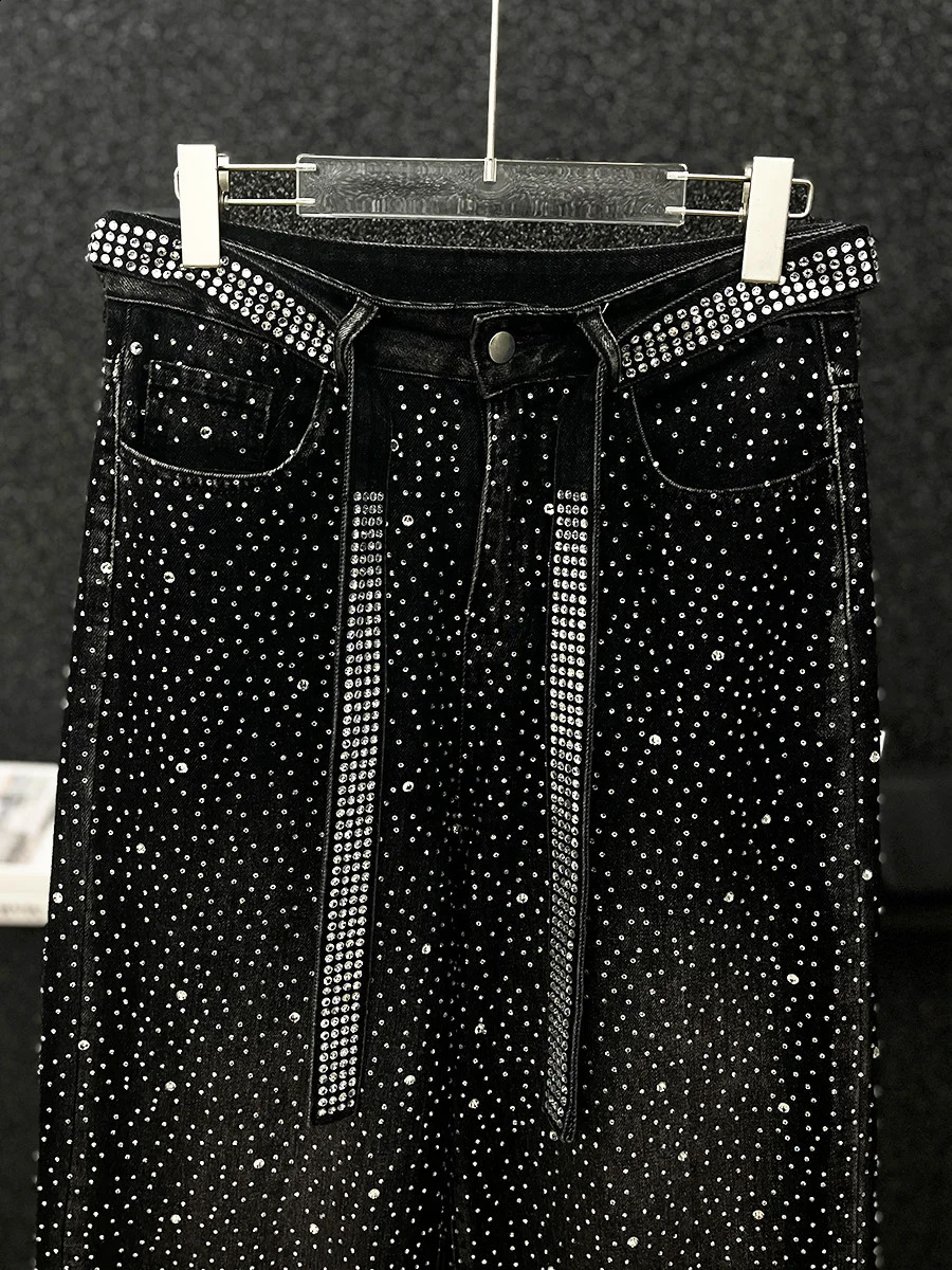 Mens Autumn High-end Fashion Wide-leg Trousers Loose Straight Pants Full Body Diamond Trousers Black Diamond Jeans 250120