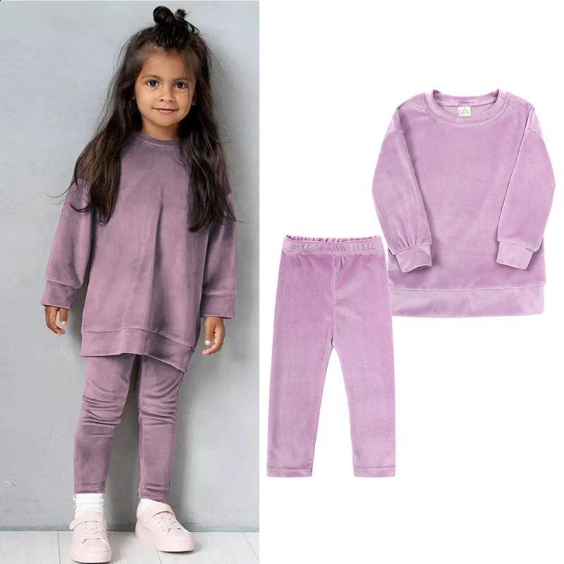 2025 Spring Kids Girl Velvet Suit Long Sleeve Pants Solid Clothes For Infant Toddler Boy Pullover Sweatshirt Set Teenage Outfits 250218