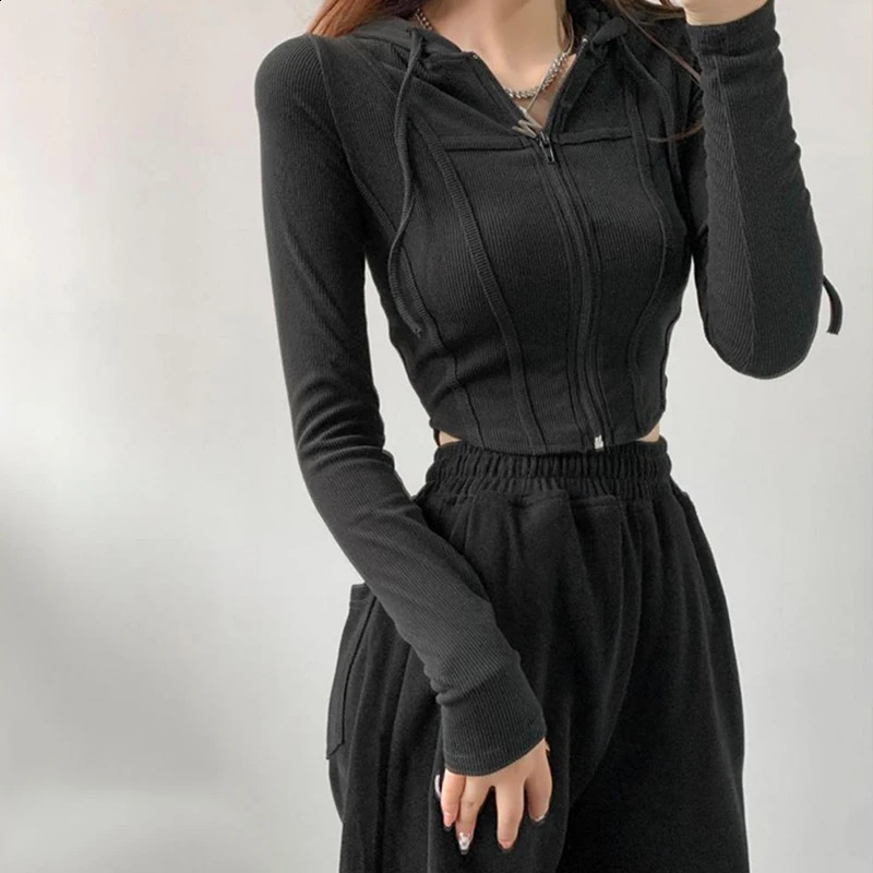 Fashion Slim Short Zipup Sweatshirt Sexy Solid Color Crop Tops Hooded Cardigans Korean Streetwear Hoodies Female 250110
