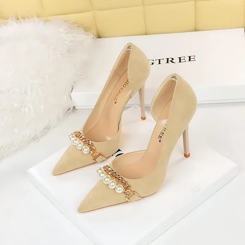 BIGTREE Shoes Elegant Heels ck 11cm Super High Autumn Pearl Metal Chain Pointed Toe Side Hollow Women Pumps