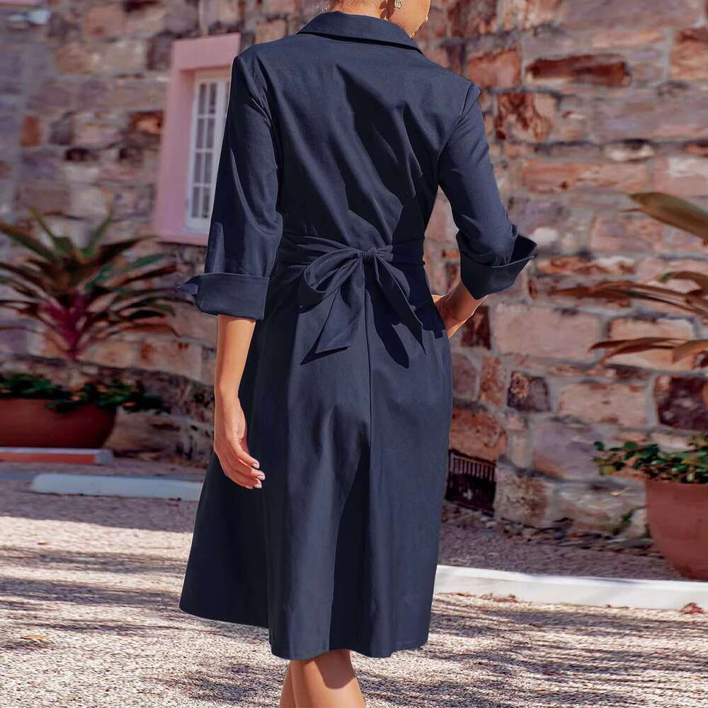 Women Strappy Shirt Solid Color Lapel V Neck Large Hem Button Front Long Sleeve Commuting Dress R250205