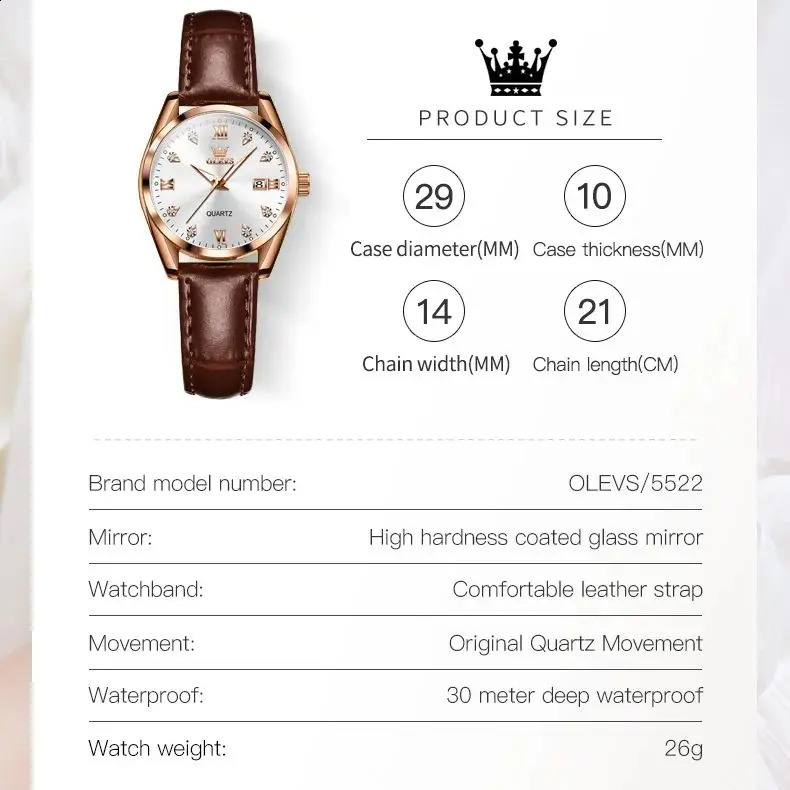 OLEVS Classics Leather Strap Quartz Watch for Women Fashion Elegant Diamond Ladies Watch Waterproof Date Womens Quartz Watch 250121