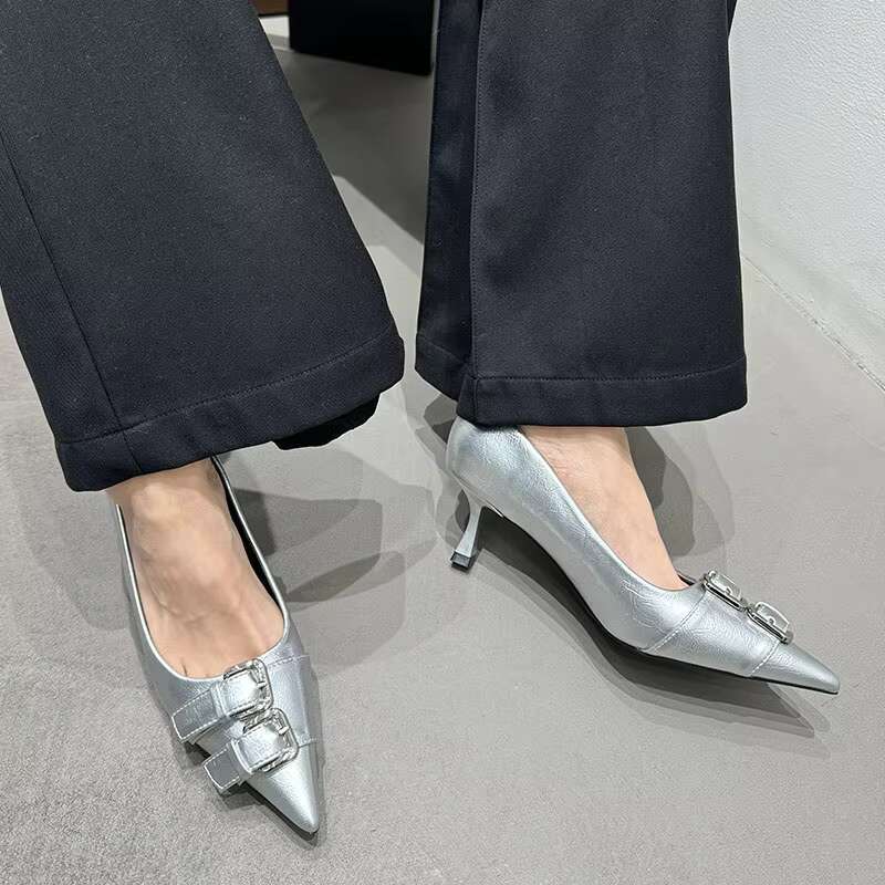 Female Slip On Footwear hot Women Pumps Slides Pointed Toe Designer Fashion Metal Buckle Ladies High Heels Shoes