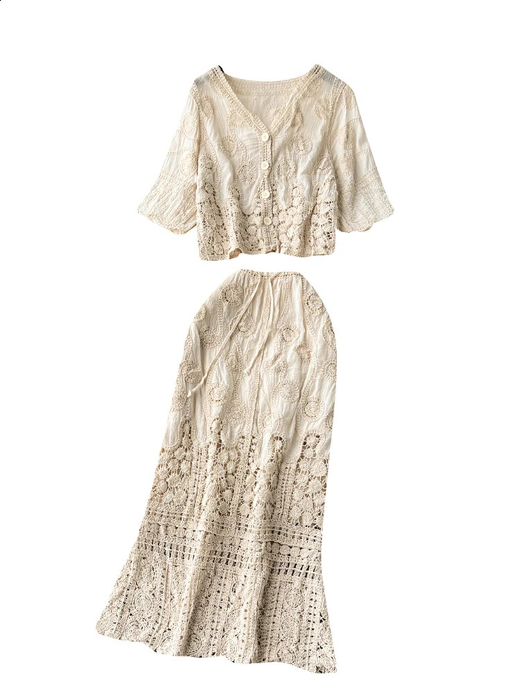 XFPV Womens Bohemian Holiday Style crochet single corset elastic waist hollow outer skirt two-piece set spring 2025 SM10388 250118