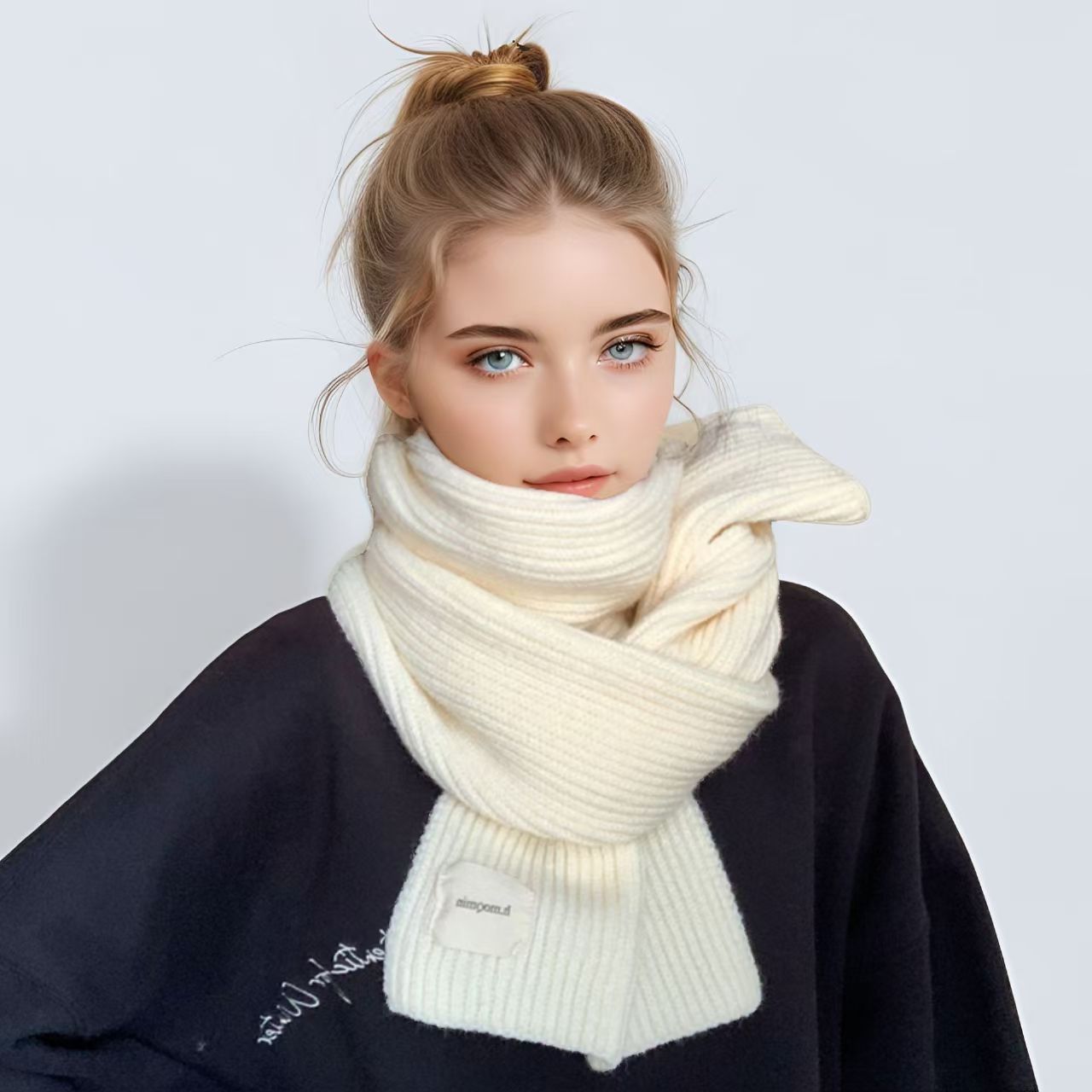 T124 Korean new white pure color knitted scarf winter women's soft atmosphere student wool warm neck scarf