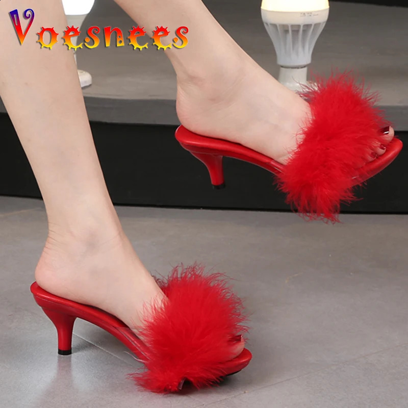 Solid Color Feather Fairy Slippers Summer Transparent Sandals Thin High Heels Sexy Fur Crystal 6cm Low Heel Derss Women Shoes 250209
