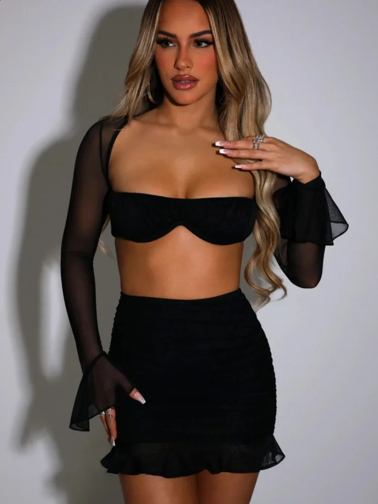 Mozision Mesh Sexy Dress Set Women Strapless Full Sleeve Crop Top And Mini Skirt Matching Sets Female Club Party Two Piece Set 250113